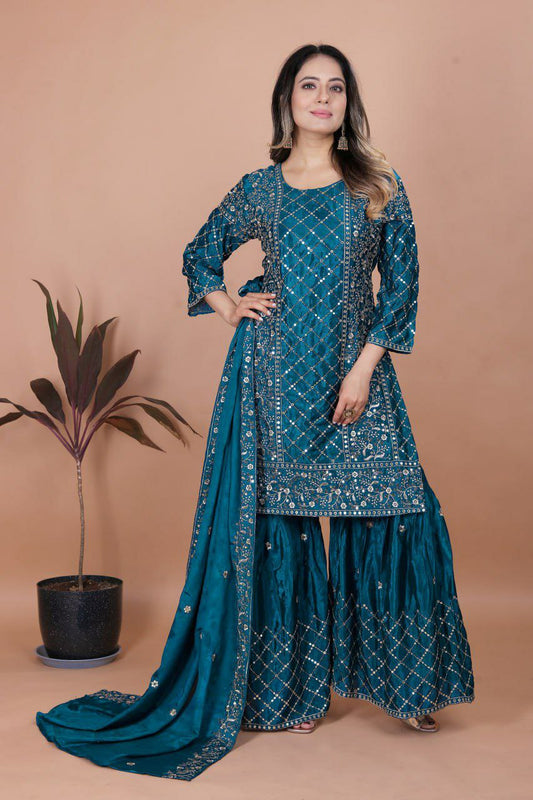 Chinon With Micro Inner & Heavy Embroidery Sequence Work With Elastic Sharara Dress