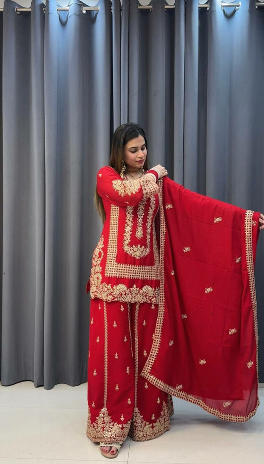 Heavy Blooming Faux Georgette With Heavy & Fancy Embroidery And Sequence Work With Cut Work Palazzo Dress