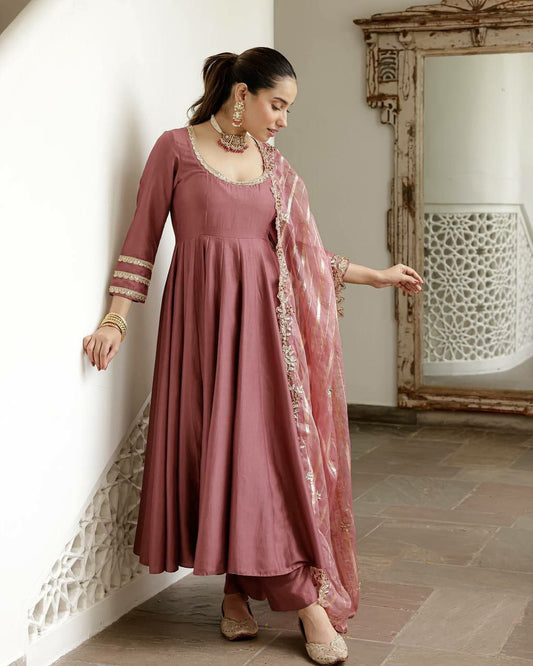 Roman Simmer Silk With Embroidery Sequence Work & Fency Less Border With Elastic Palazzo Gown