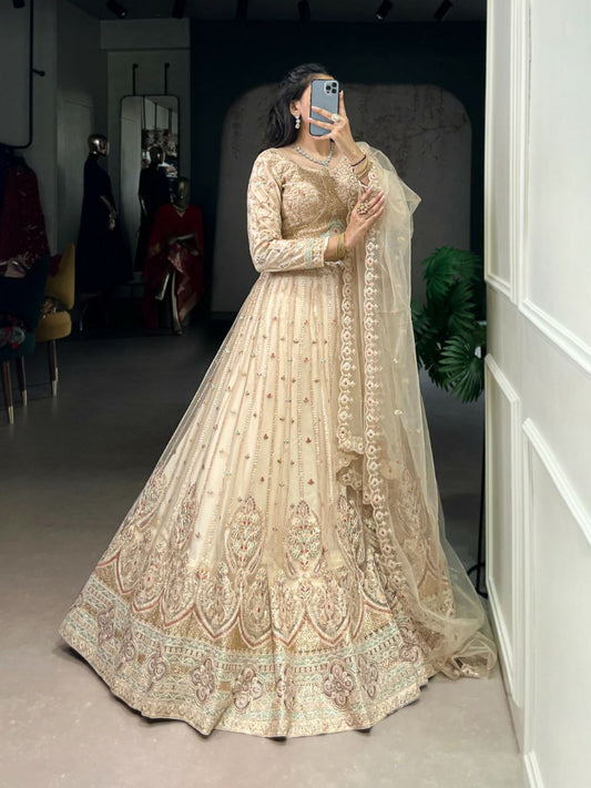 Net With Sequins And Thread Embroidery Work With Double Cancan And Canvas Lehenga Choli