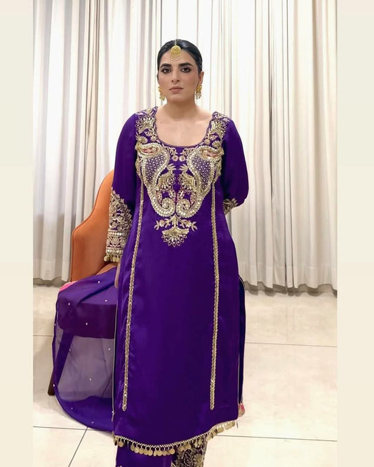 HEAVY FUAX GEORGETTE WITH HEAVY EMBROIDERY SEQUENCES WORK AND FANCY REVET MOTI WORK DUPATTA TYPE BOTTAM DRESS