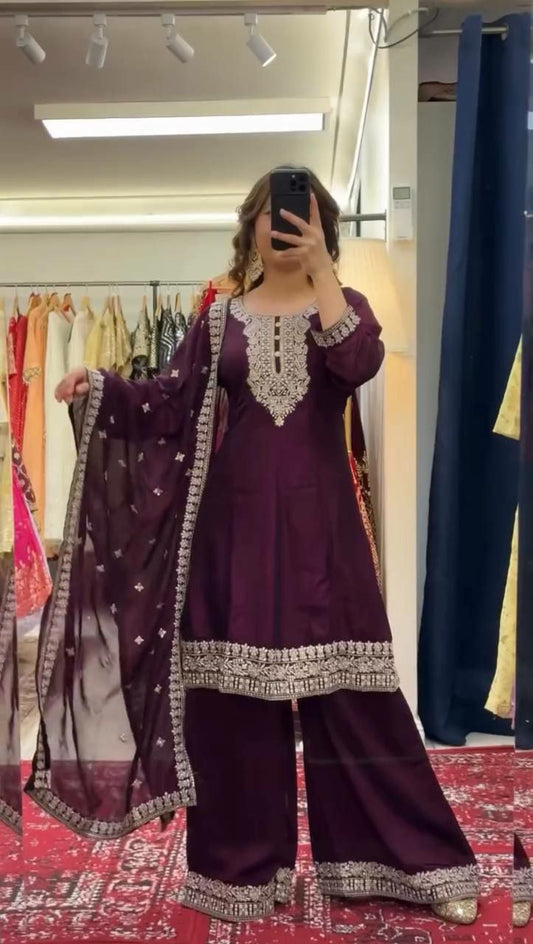 Multi Thread& Sequence Work Top& Plazzo With Dupatta Set For Women Or Girls Wear