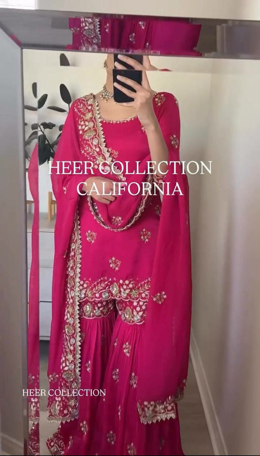 Heavy Faux Georgette With Heavy Embroidery Sequence Work & Latkan Dori With Fully Flair Sharara Palazzo Dress