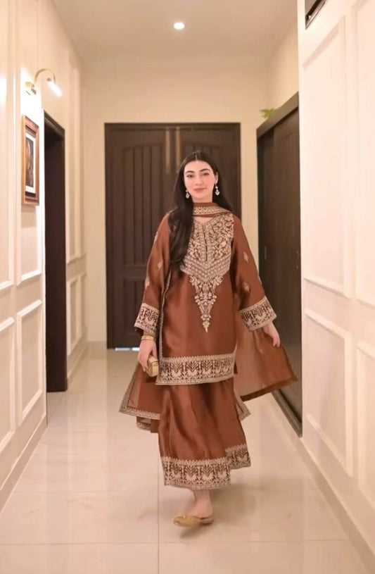 Pure Chinon Silk With Embroidery Work With Tassels And Lace Border With Elastic Palazzo Dress