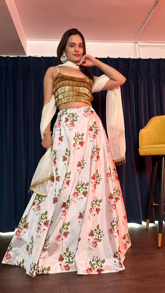 Digital Print Tapeta Silk Lehenga With Imported Banarasi Jhul Work & Glass Tassel Border Work Dupatta Type Lehenga Choli