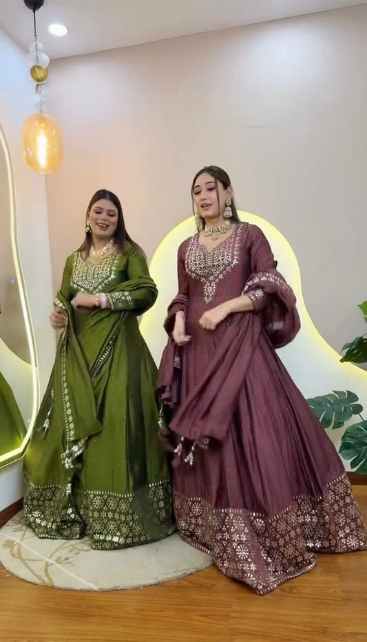 Roman Simmer Silk With Embroidery Sequence Work & Fency Less Border Dupatta Type Gown