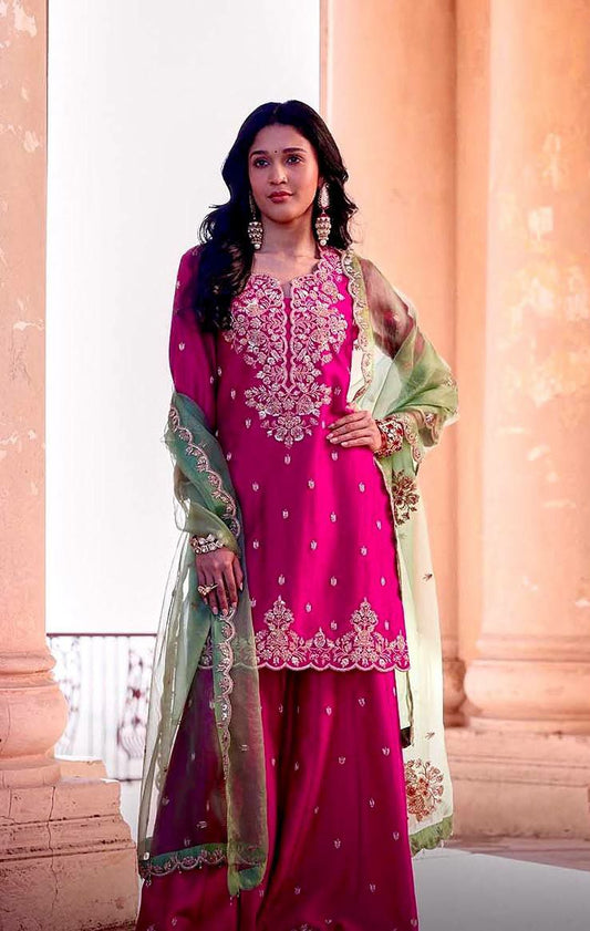 HEAVY ROMAN SILK WITH BEAUTIFUL EMBROIDERY SEQUENCE AND CODING WORK PALAZZO KURTI