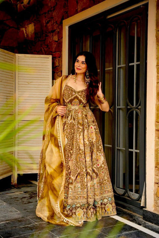 Digital Printed Jimmy Organza Silk Suit With Printed Dupatta With Designer Lace Border Type Anarkali Gown