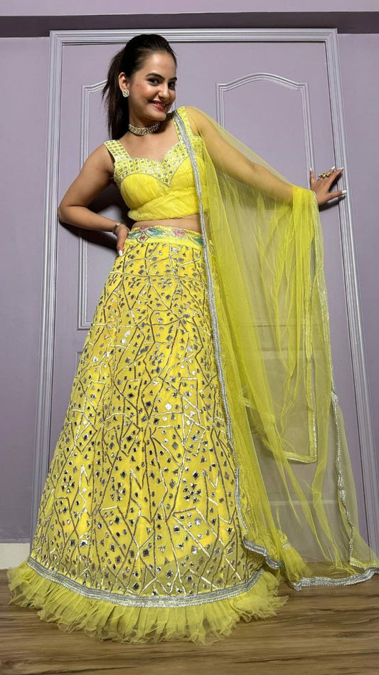 Georgette With Zari & Foil Paper Work + Net Ruffle Border With Sequins Work Lehenga Choli