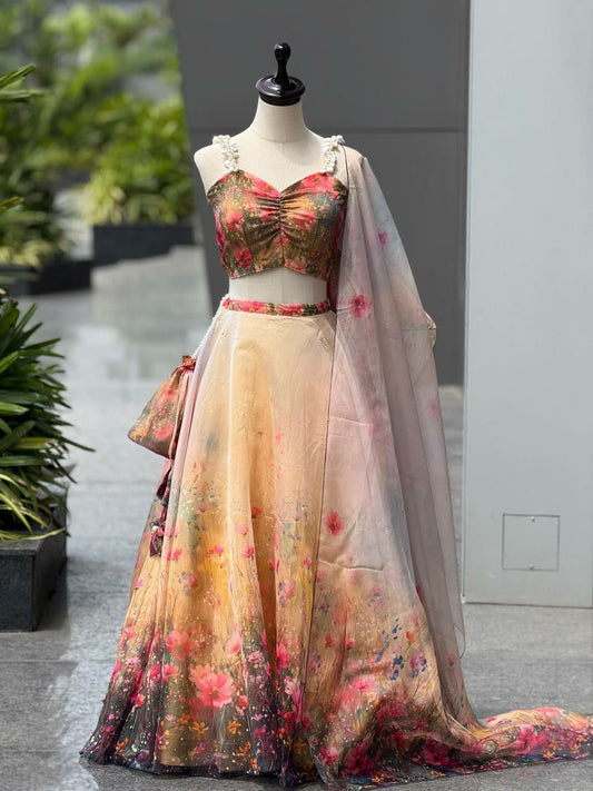 Pure Organza Digital Print With Pearl Moti And Kodi With Canvas Patta And Adjustable Waist Dori Lehenga Choli