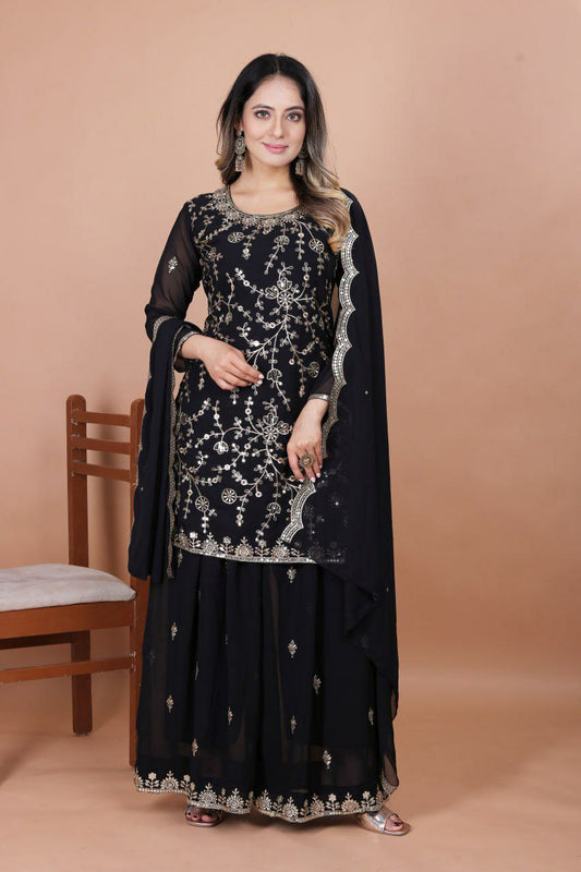 Fox Georgette And Heavy Sequence Embroidery Work With Elastic Sharara Dress