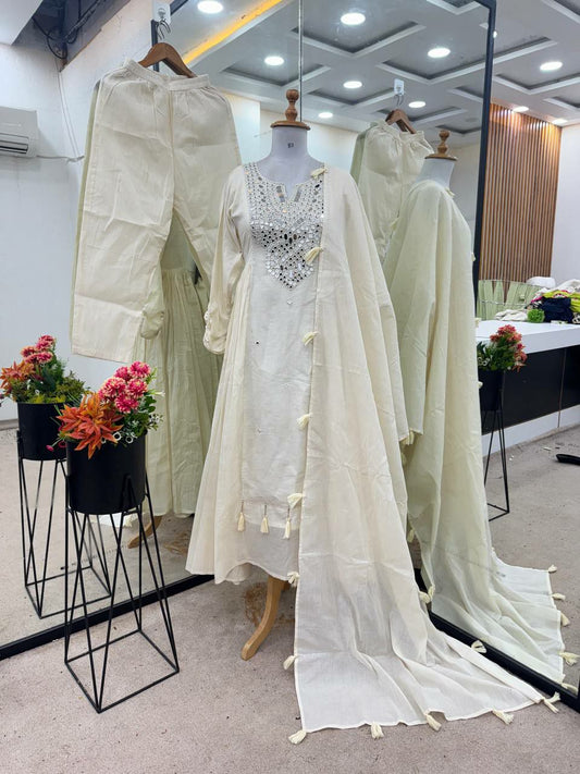 Pure Khadi Cotton With Khatli Work And Real Mirror With Dupatta Type Gown