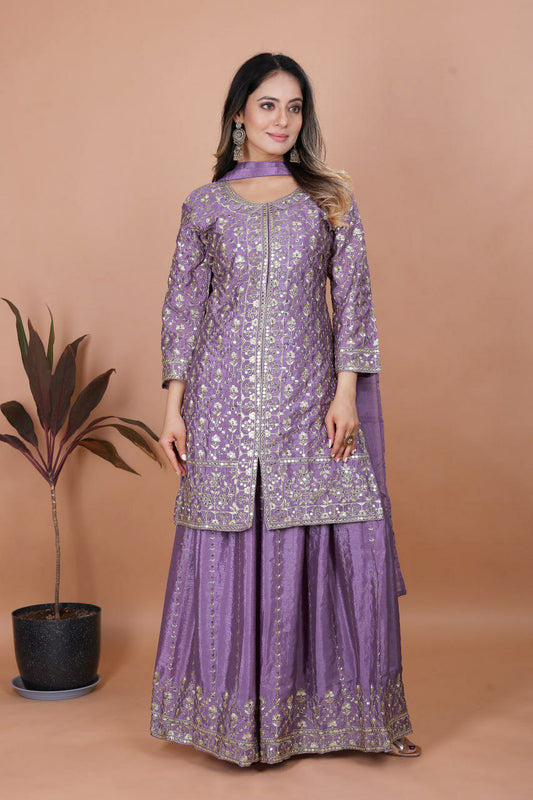 Chinon With Sequence Embroidery Work With Elastic Sharara Dress