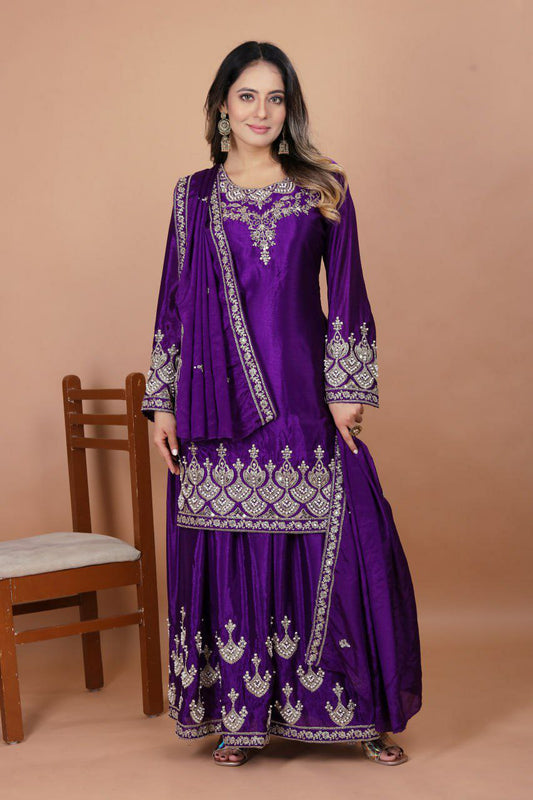 Chinon With Coding Sequence Embroidery Work And Rivet Moti Work With Elastic Sharara Dress