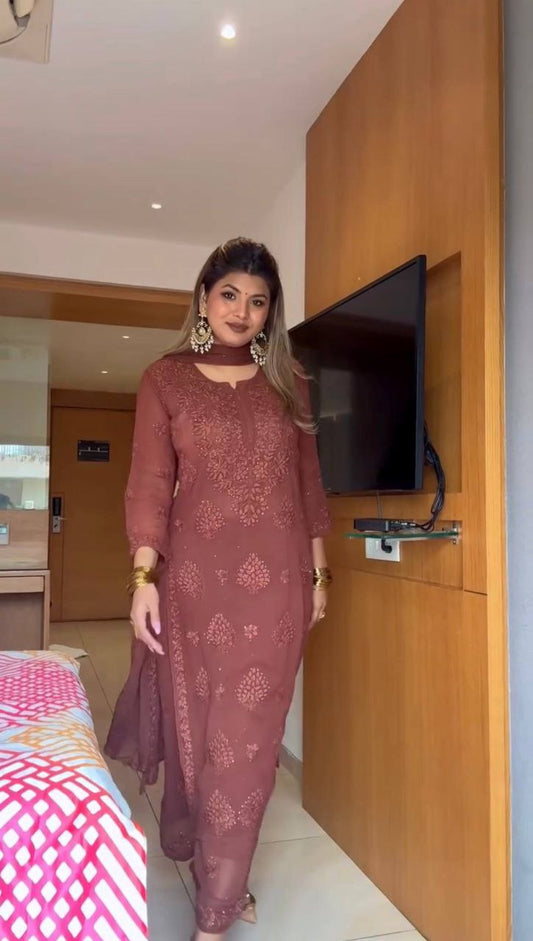 Heavy Faux Georgette With Embroidery Work And Diamond Hand Work With Elastic Palazzo Dress