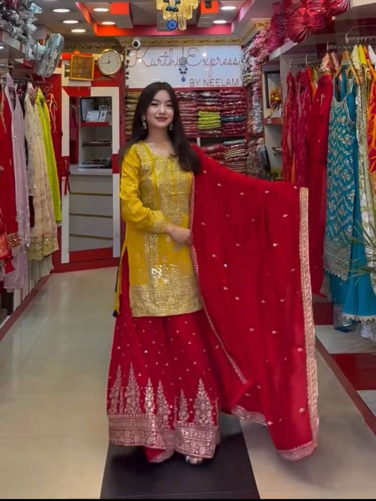 Pure Heavy Georgette And Embroidery Sequence Work With Less Border Dupatta Type Sharara Palazzo Dress