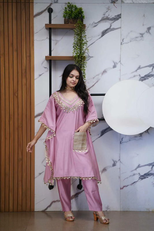 DEVSENA SATIN AND EMBROIDERED LACE WITH REAL MIRROR WORK POCKET PATTERN KAFTAN SUIT