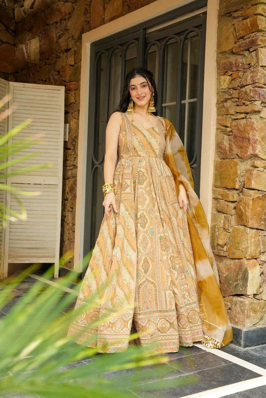 Pure Jimmy Organza Silk And Digital Printed Padded Gown With Designer Lace Dupatta Type Anarkali Gown