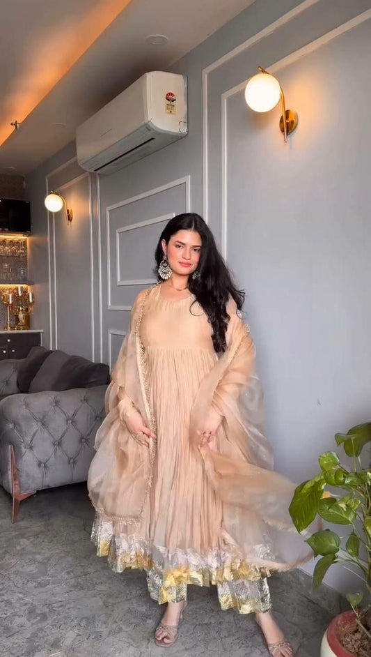 Star Georgette With Heavy Micro Cotton And Moti Work With Lace Border Bottom Gown