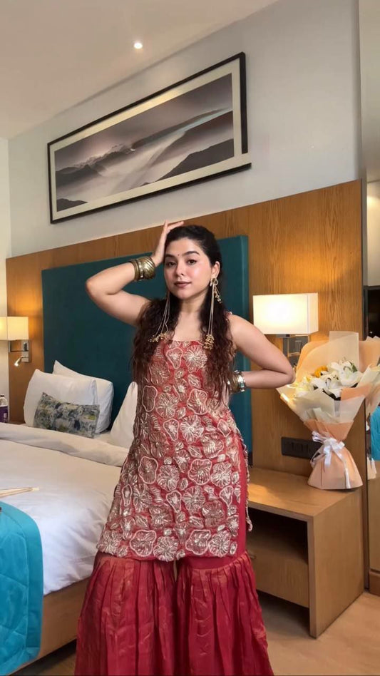 Simmer Silk And Thread With Sequence & 4-Side Lace Border Dupatta With Stretchable Elastic Sharara Dress