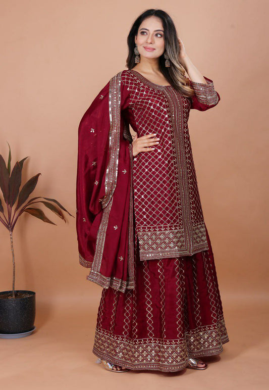 Chinon And Heavy Embroidery Sequence Work With Elastic Sharara Dress