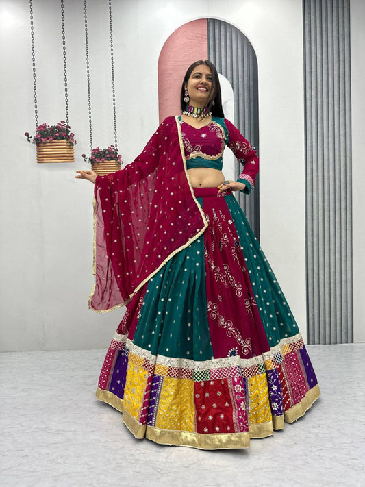 Fox Georgette With Embroidery Thread & Sequence Work With Ribbion Lace And Lumpi Lace Border Lehenga Choli