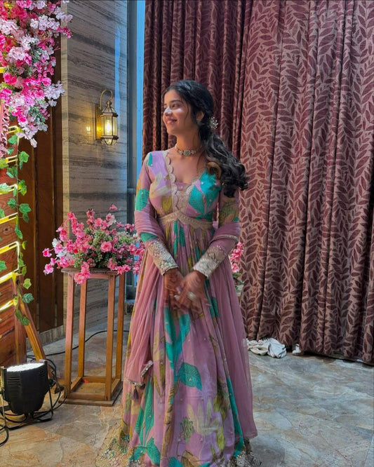 Fox Georgette With Embroidery Siquence Work And U-Round Neck With Dupatta Type Gown