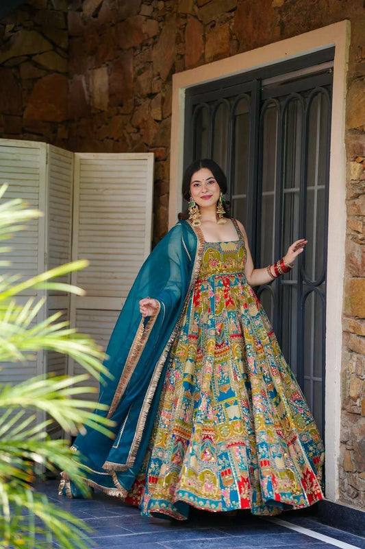 Pure Jimmy Organza Silk Digital Printed Padded Gown With Designer Lace Dupatta Type Anarkali Gown