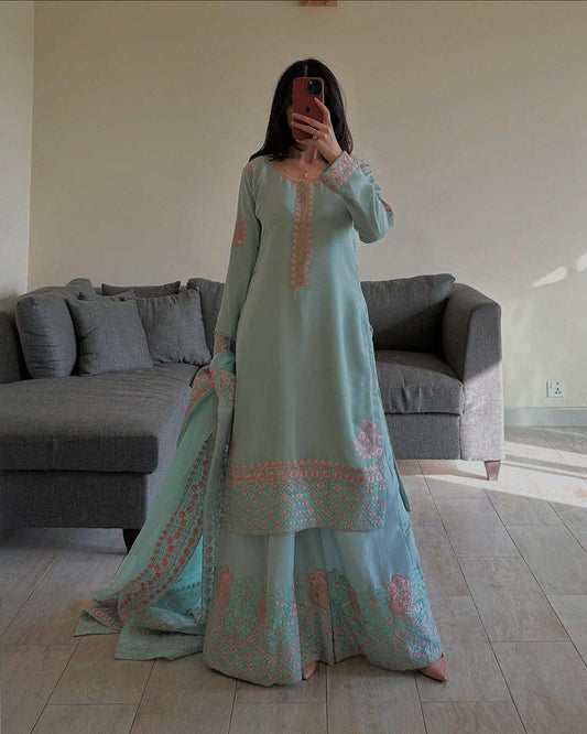 Fox Georgette With Embroidery Work And Round Neck Type Palazzo Dress