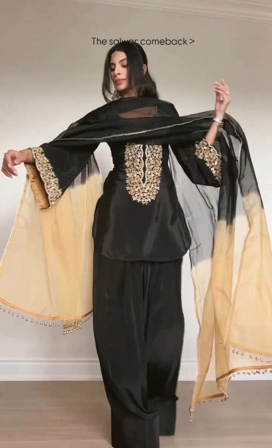 Natural Satin With Heavy Embroidery Sequins Work With Elastic & Can-Vas Patto Type Farshi Palazzo Dress