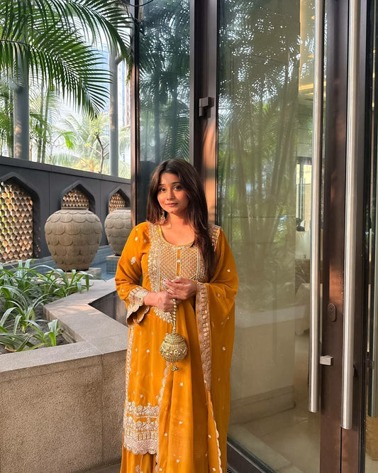 HEAVY FAUX GEORGETTE WITH HEAVY MICRO COTTON AND BEAUTIFUL EMBROIDERY SEQUENCE WORK SHARARA KURTI