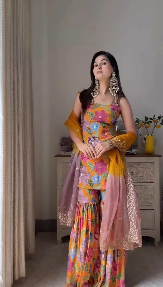 Pure Chinon Silk With Fancy Digital Print And Heavy Stone Hand Work Sharara Dress