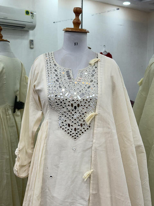 Pure Khadi Cotton With Khatli Work And Real Mirror With Dupatta Type Gown