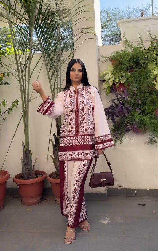 Pure Malai Satin And Digital Print With Fancy Sleeves With Elastic Palazzo Suit