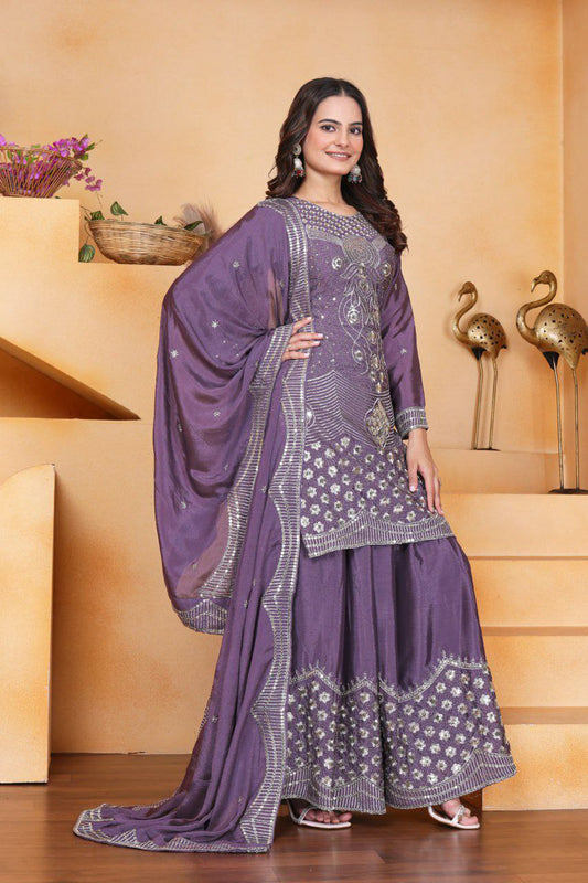 Chinon With Micro Inner And Sequence Embroidery Work With Elastic Sharara Dress