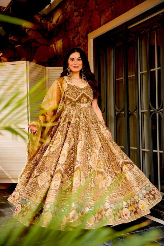 Digital Printed Jimmy Organza Silk Suit With Printed Dupatta With Designer Lace Border Type Anarkali Gown