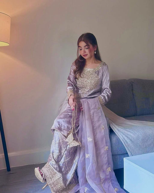 PURE NATURAL CREPE SILK WITH ATTRACTIVE EMBROIDERY SEQUENCE WORK AND READY MADE LACE BORDER PALAZZO KURTI