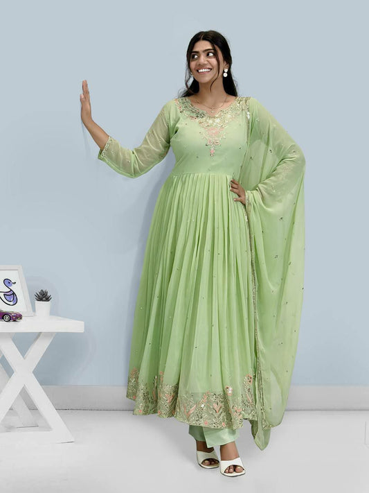 HEAVY FAUX GEORGETTE WITH BEAUTIFUL EMBROIDERY SEQUENCE AND THREAD WORK GOWN