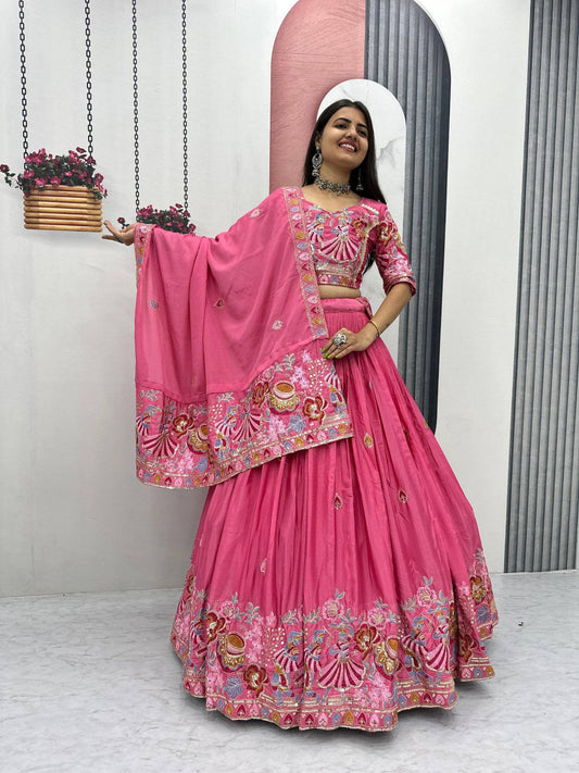 Chinon With Heavy Embroidery Thread And Sequence Work & Attach Canvas Patta With Cancan Lehenga Choli