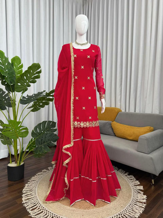 Faux Georgette With Thread With Sequence And 4-Side Lace Border Dupatta Type Sharara Dress
