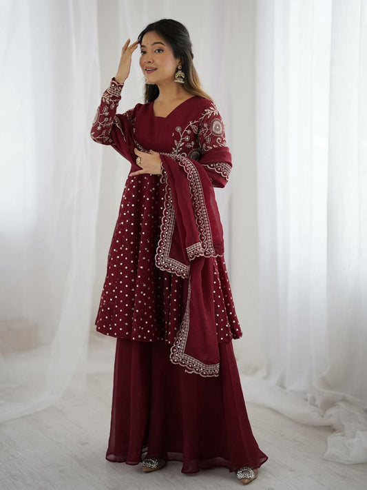 Crunchy Silk With Heavy Micro Cotton And Embroidery Sequence Work Sharara Palazzo Dress