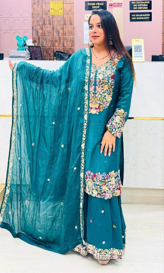 Chinon Silk With Embroidery Sequence Work And V-Round Neck Type Sharara Dress