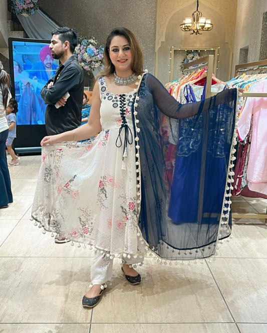 Heavy 1000 Butti Georgette With Digital Print And Mirror Work With Pom Pom Lace Border With Fully Flair Bottom Gown