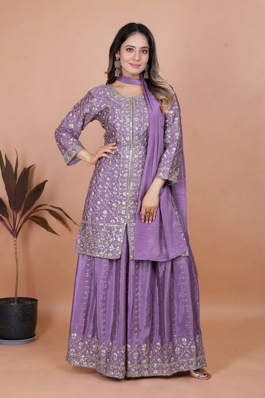 Chinon With Sequence Embroidery Work With Elastic Sharara Dress