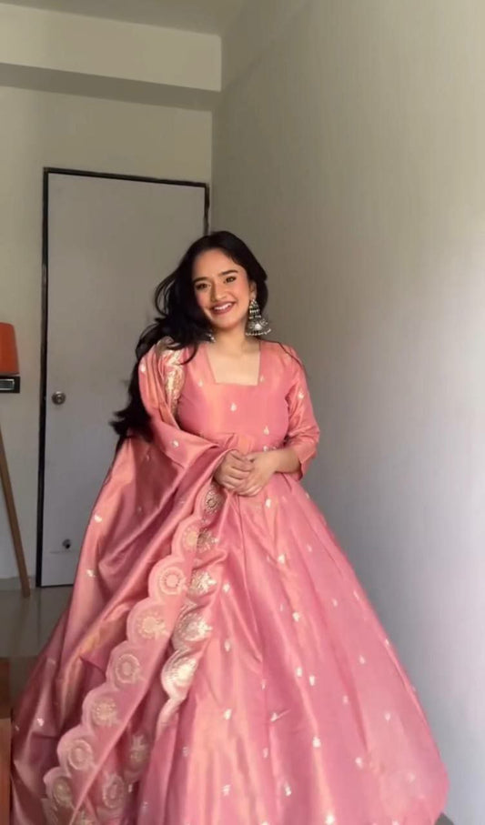 Heavy Gold Crush Silk With Heavy Crepe And Full Heavy Embroidery Sequence Work Gown & Bottom Set