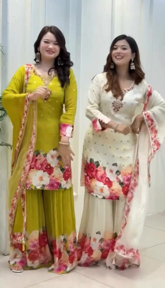 Heavy Faux Georgette & Embroidery Sequence Work With Digital Print With Fully Flair Sharara Palazzo Dress