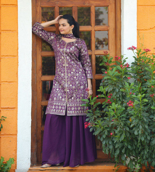 Tapeta Silk With Fusing And Sequence Embroidery Work And Real Mirror Work With Elastic Sharara Dress