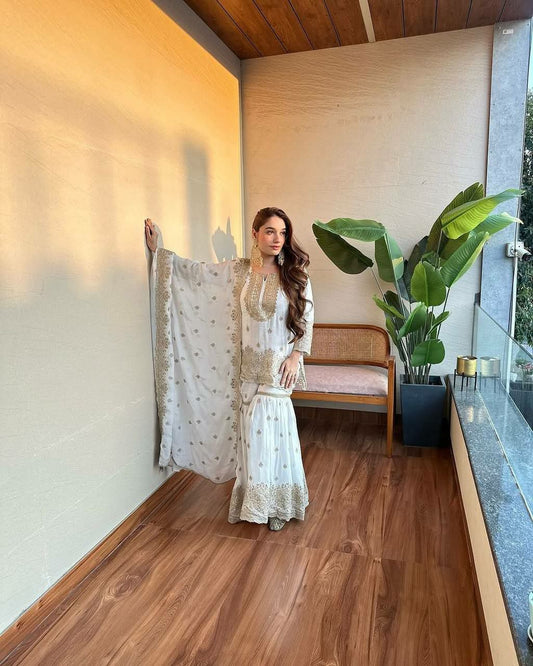 Pure Heavy Chinnon Silk Kurti With Heavy Sharara Plazo Fully Stitched Ready To Wear