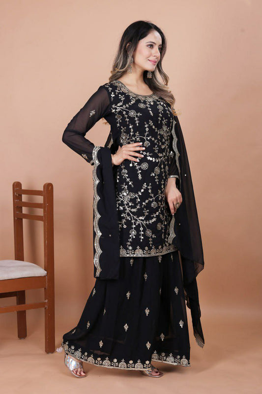Fox Georgette And Heavy Sequence Embroidery Work With Elastic Sharara Dress