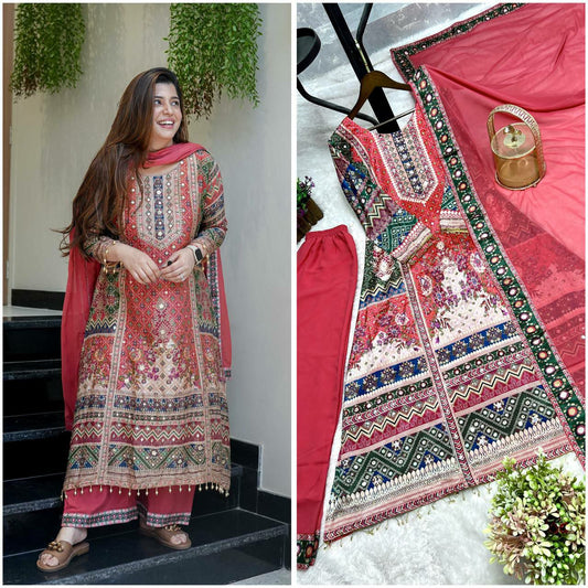 PURE CHINON SILK WITH ATTRACTIVE & BEUTYFUL DIGITAL PRINT WITH READY MADE LACE BORDER AND REAL MIRROR HAND WORK PALAZZO KURTI